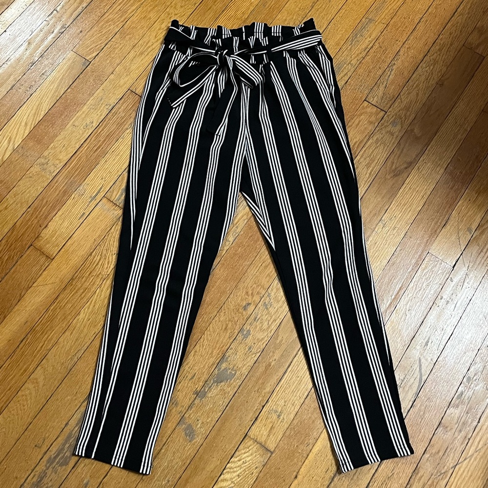 Black and White Striped Pants with String Tie